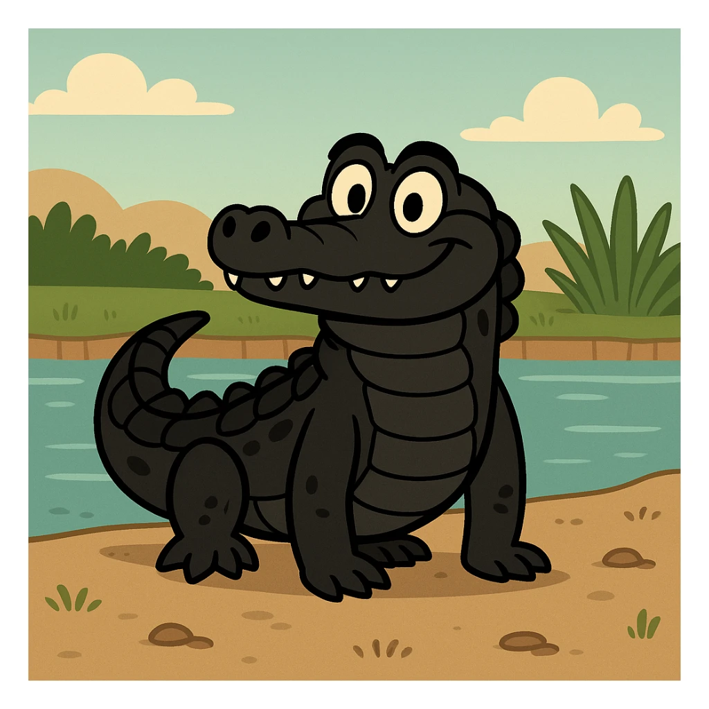black caiman, cartoon style, friendly face, simplified features, standing on riverbank sticker