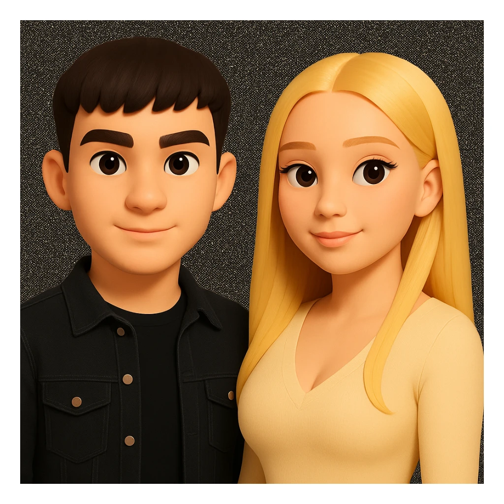 Slightly increase the volume of the upper body of the girl, separate the two characters from each other, make the skin color the same for both characters, while preserving the cartoonish 3D style. sticker