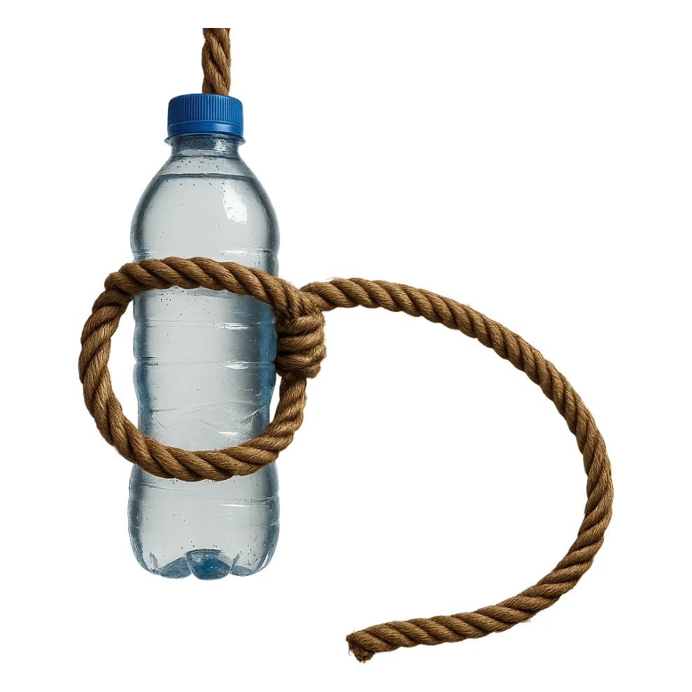 A long rope with a noose, water bottle inside the knot, no background, realistic style, natural details, symbolic atmosphere, photorealistic and detailed water bottle inside the knot of the rope. sticker