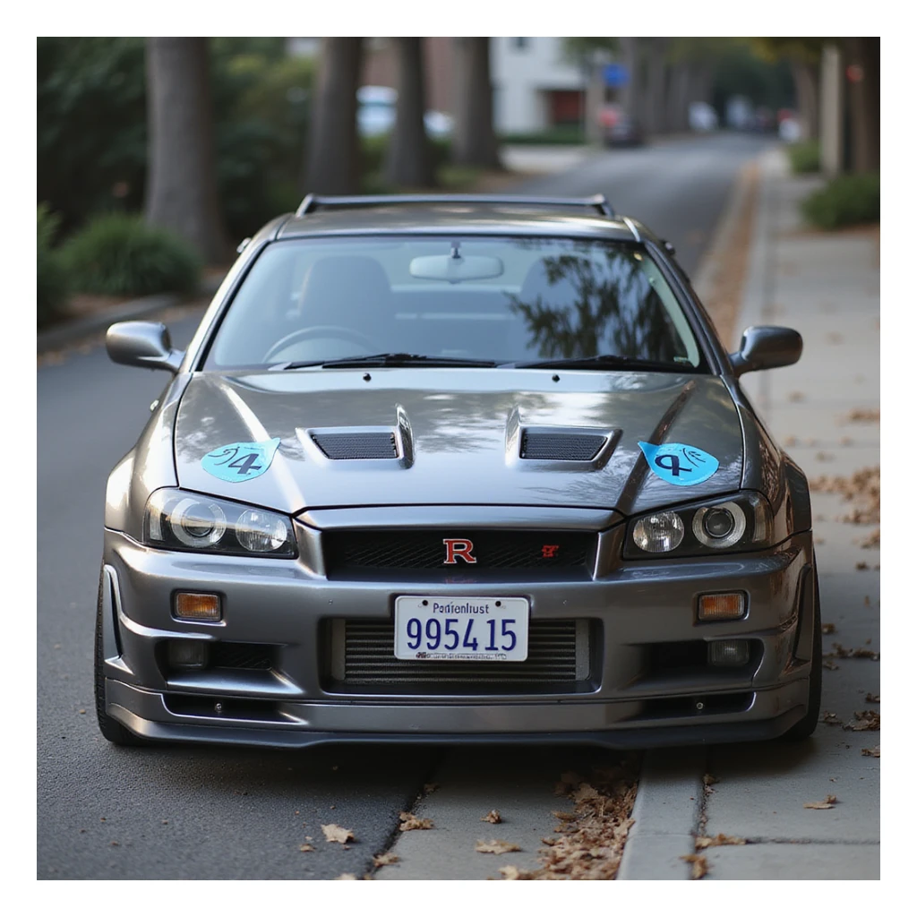 Brian's Nissan Skyline GTR R34 from Fast and Furious, realistic style, chrome body with blue stickers, car alone sticker