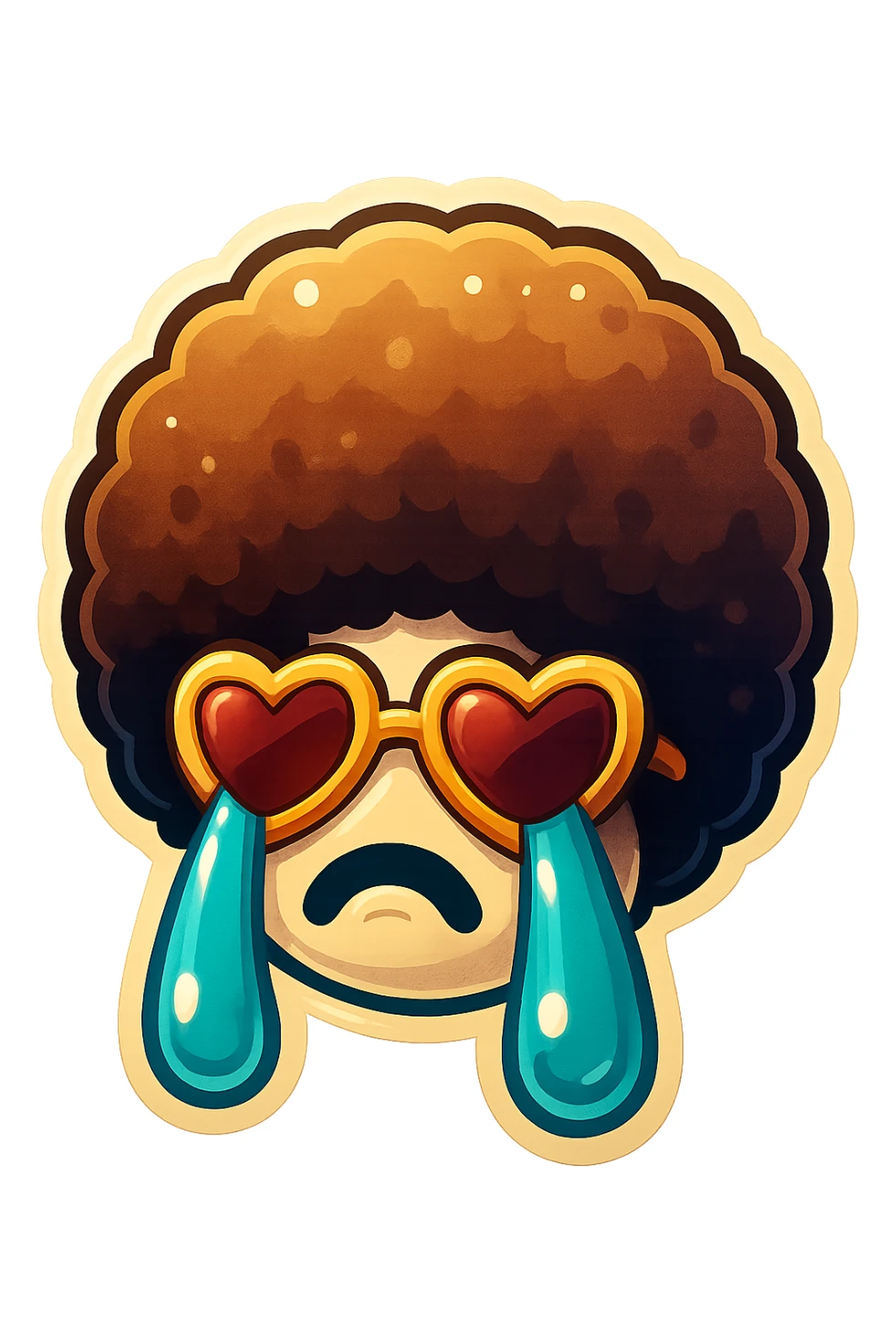 White circle face, afro, heart glasses, Crying with large tears sticker