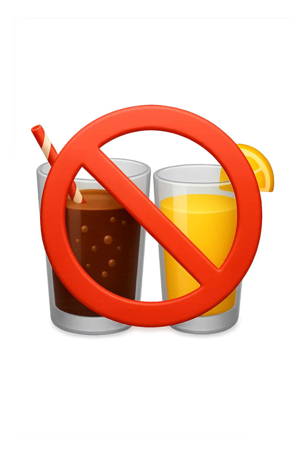 emoji 3d stile iphone che rappresenta un bicchiere di coca cola e di succo di frutta con un divieto sopra 3d sticker