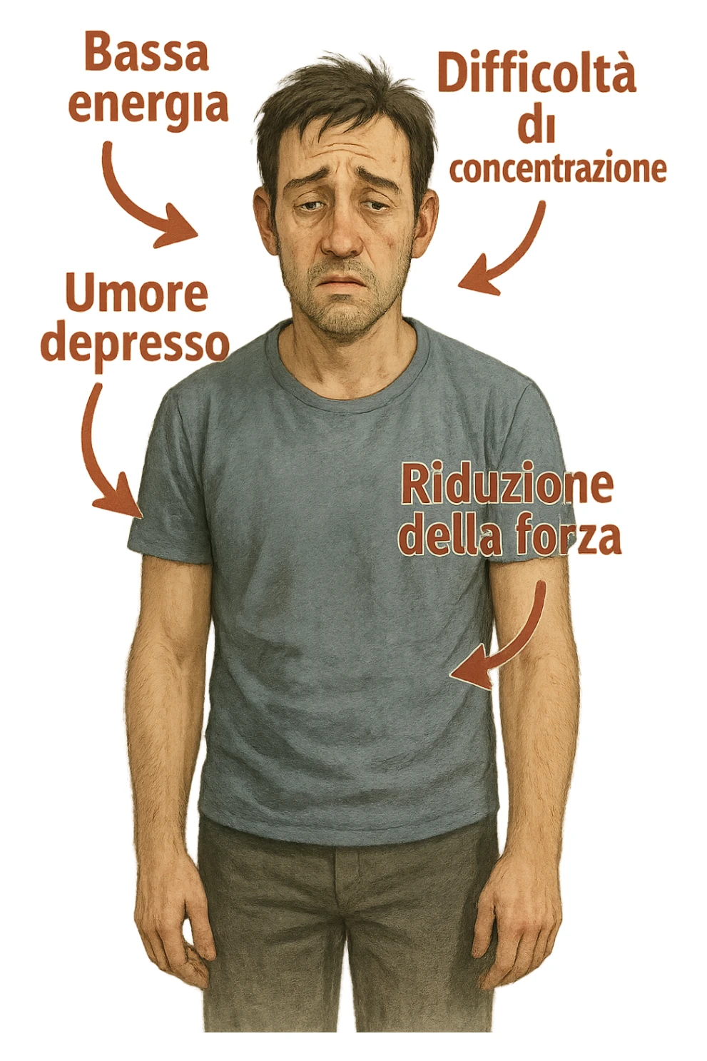 un uomo con espressione affaticata, circondato da frecce rosse che evidenziano sintomi di testosterone basso. Le frecce sono accompagnate da scritte in italiano come “Bassa energia”, “Difficoltà di concentrazione”, “Umore depresso”, “Riduzione della forza”. L’ambiente è semplice, con colori neutri e dettagli realistici. sticker