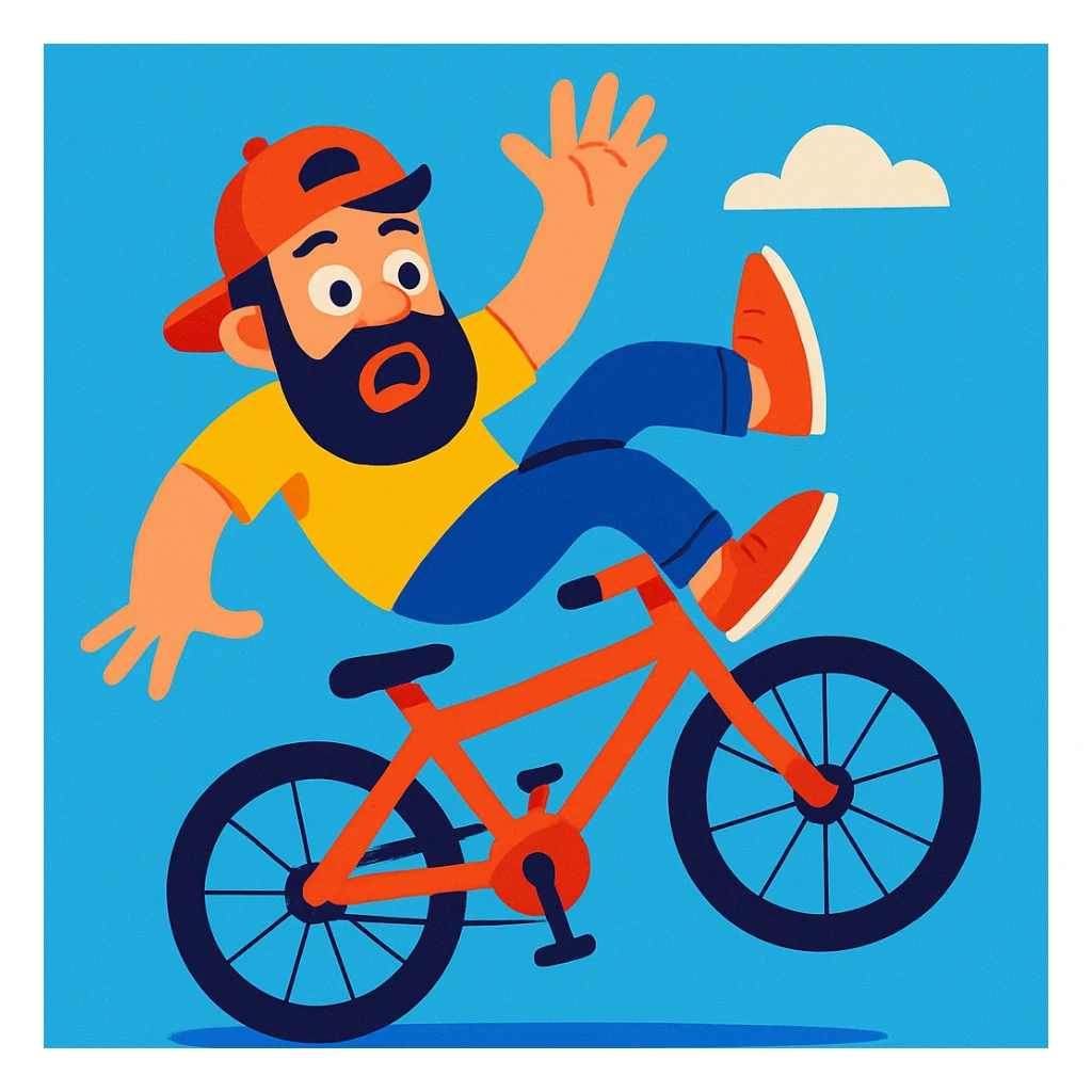 bearded guy falling off a bike, vibrant cartoon style sticker