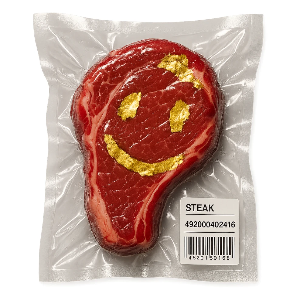 steak with gold leaf accents, glossy and inflated sticker