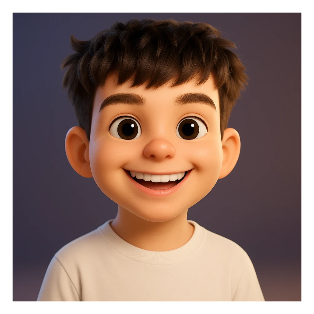 Create a 3D Memoji-style portrait with smooth plastic skin, big glossy eyes, a wide smiling mouth, oversized head, and cartoon proportions. Use vibrant colors, Pixar-like style, studio lighting, and a blurred background. The style should resemble a 3D Memoji portrait with a playful and polished look. sticker