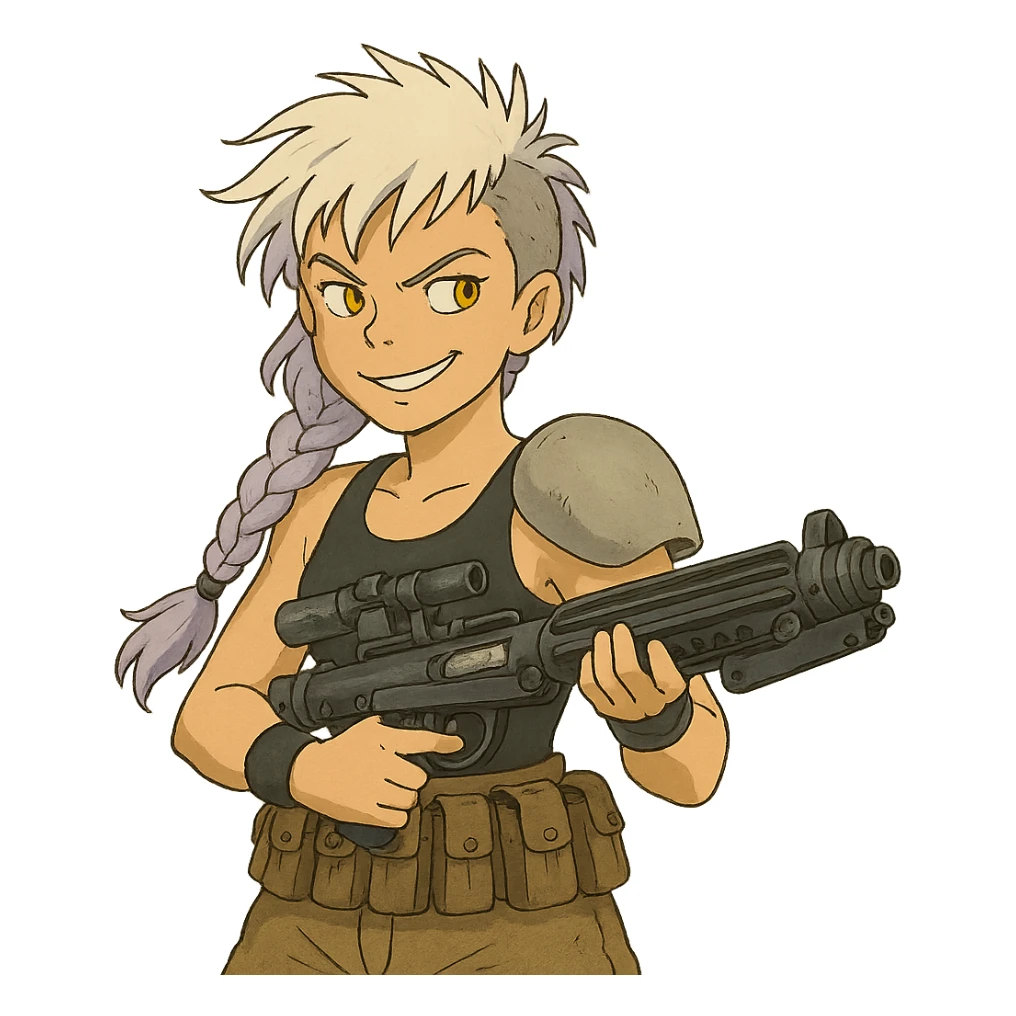 1 FEMALE, GOLD YELLOW EYES, WHITE HAIR LAVENDER TIPS, MESSY LOCKS BANGS MOHAWK, LONG BRAID, small black sports tank top, a single large light gray shoulder pad, tactical belt with many pouches, HOLDING A STORMTROOPER'S E11 BLASTER RIFLE, BRANDISHING, mischevious GLARE, style of star wars original character sticker