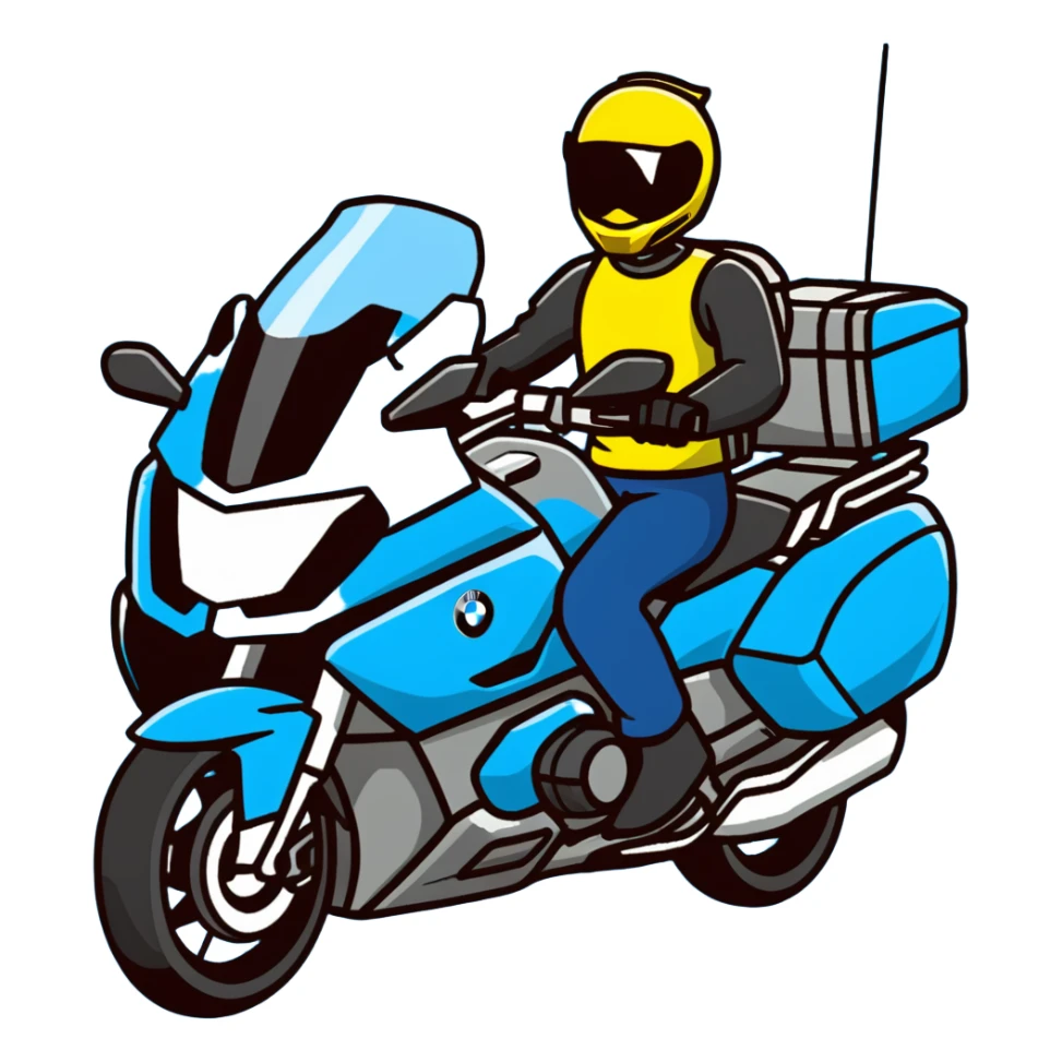 blue BMW RT1200 touring motorcycle with rider sticker
