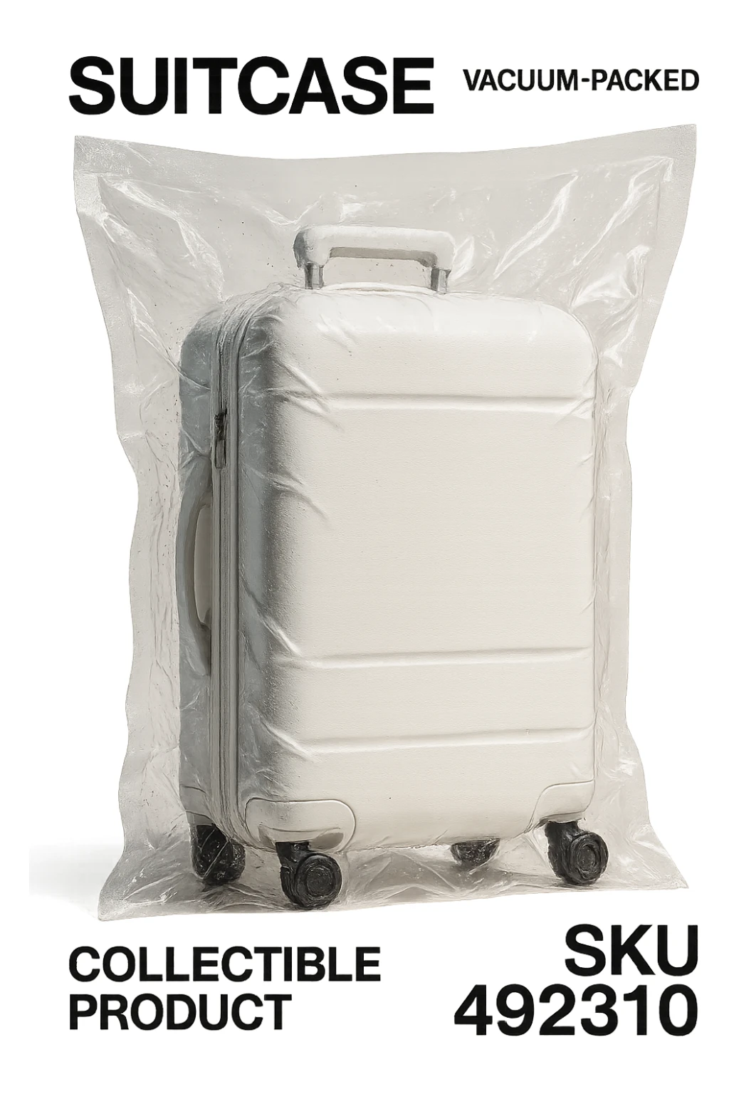 white suitcase on wheels, vacuum sealed style, angled view, soft shadows and highlights, pure white color, transparent background, no decoration sticker