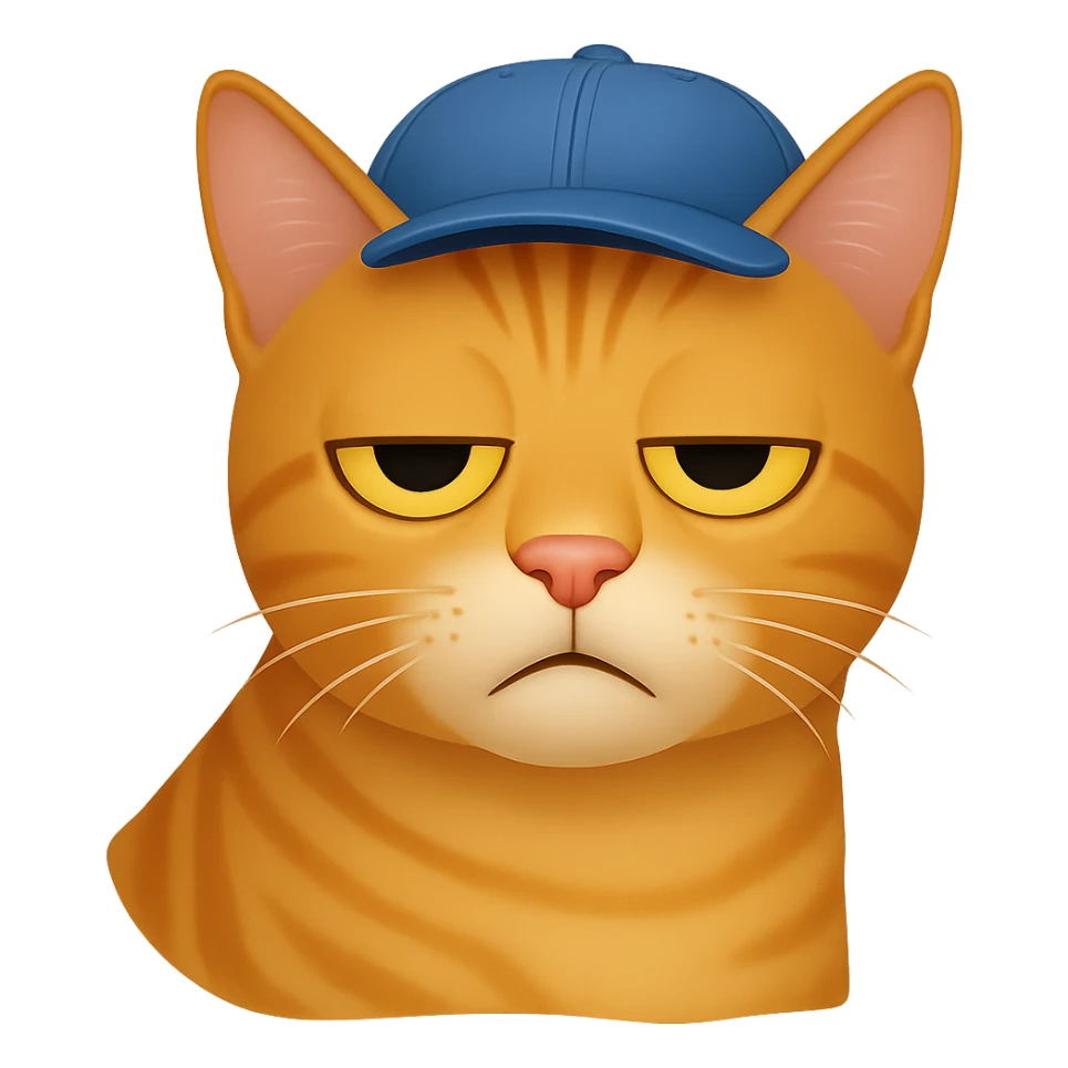 Change the cat's face expression to bored, keep the blue cap, and set the background to transparent. The style should resemble emoji style with simple and clear features. sticker