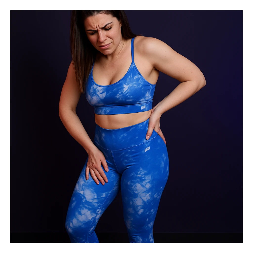 Slim woman in 4K, standing with asymmetric posture, right hand pressing on right hip, acute localized pain expression, gaze directed towards the painful spot, inspired by the reference photo. sticker