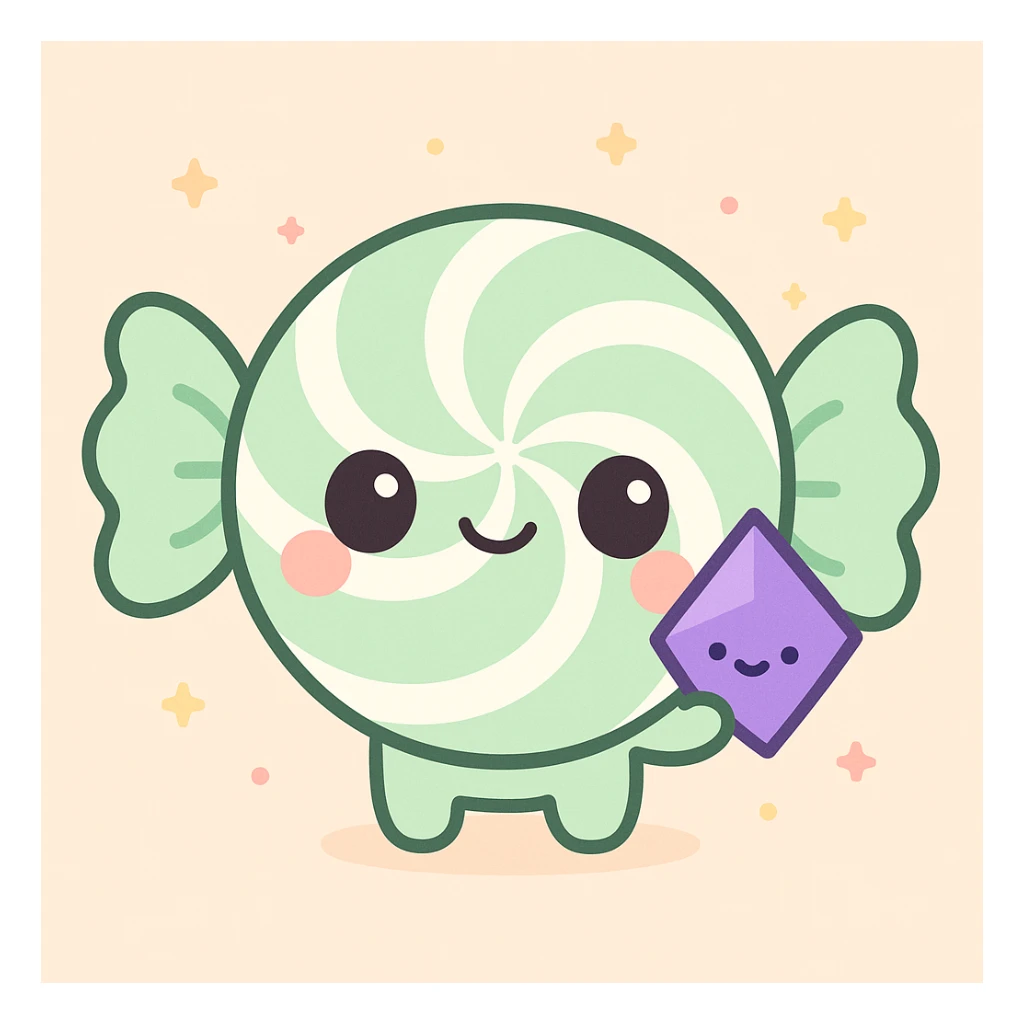 cute spearmint candy character holding a Twitch bit, kawaii style sticker