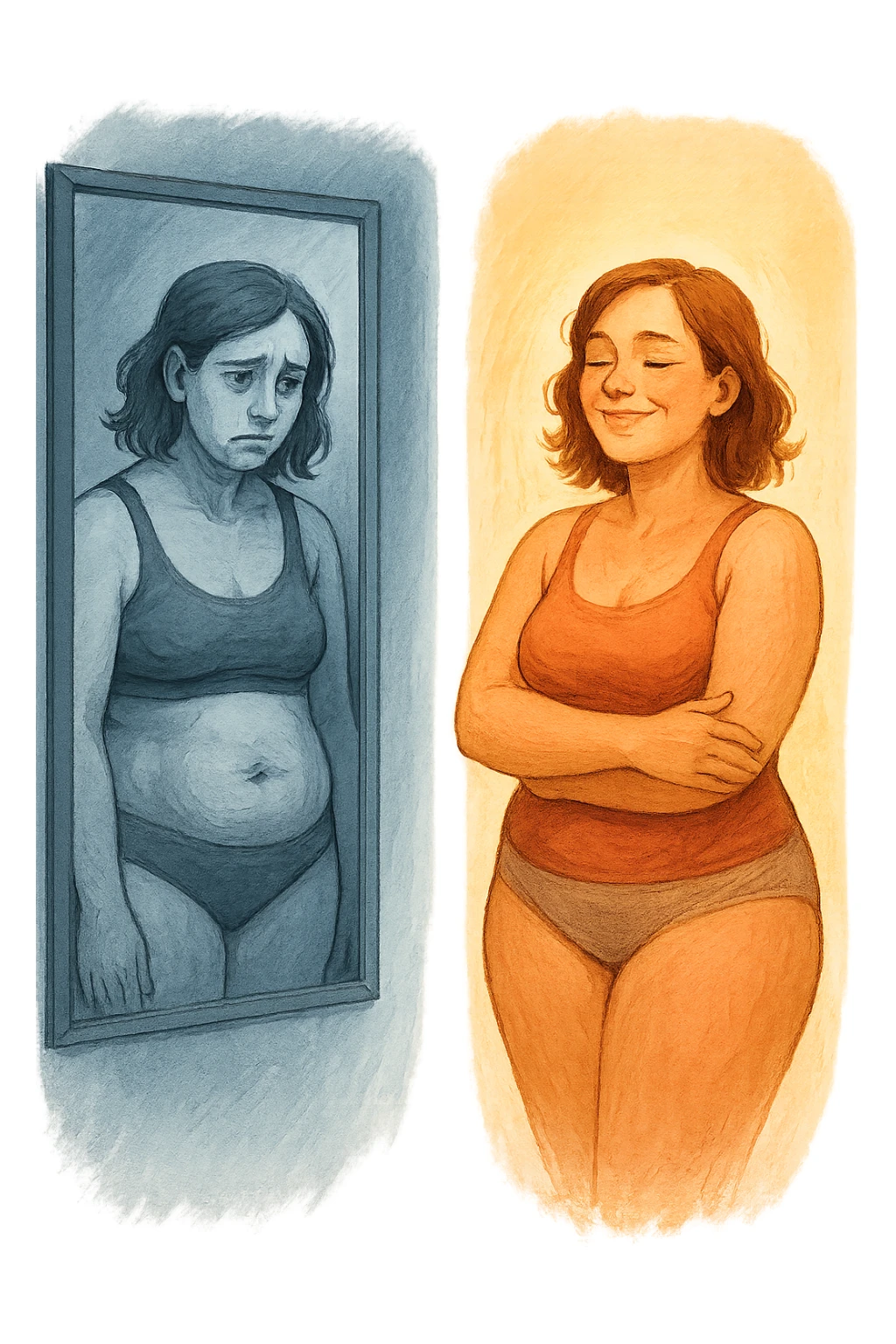 prima parte mostra donna con espressione triste che si guarda allo specchio, anatomia realistica, seconda parte la stessa donna che sorride accettando se stessa, stessa fisicità ma atteggiamento trasformato, illuminazione che passa da fredda a calda, metafora visiva dell'auto-accettazione, stile artistico contemporaneo sticker