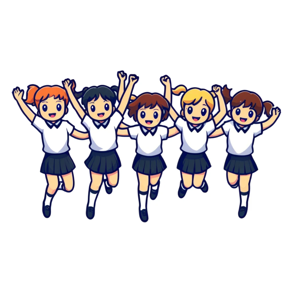six girls in school uniforms jumping together sticker