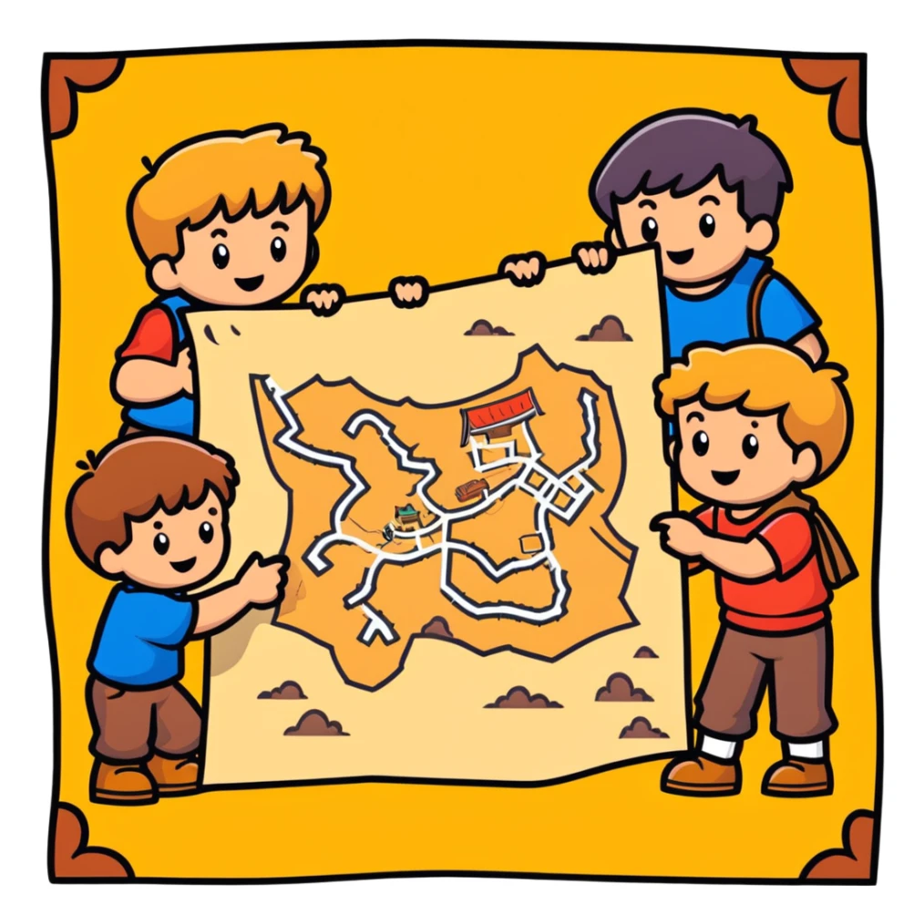 group of goonies kids examining a treasure map sticker