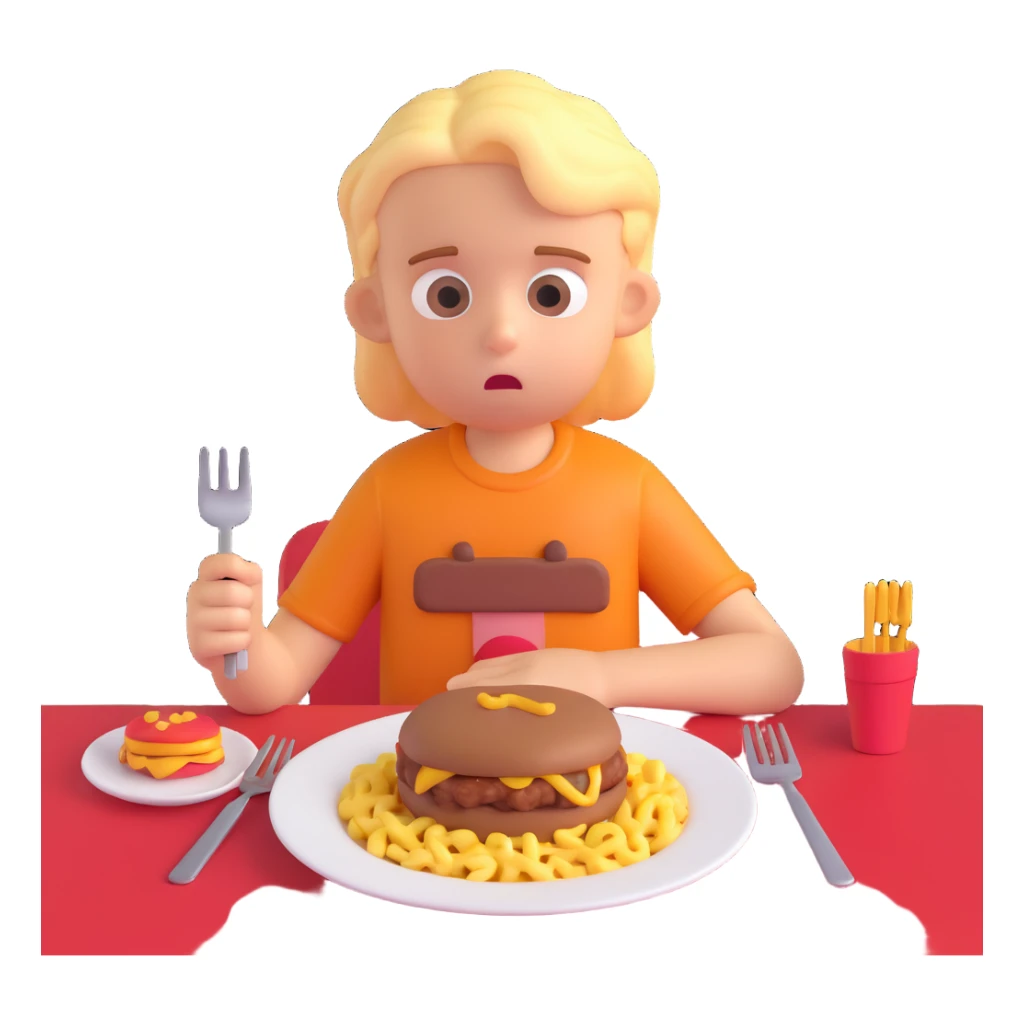 A stylized 3D character of a 6-year-old child sits at a table, looking bored at a plate of macaroni and a meat patty, absentmindedly poking the macaroni with a fork. sticker