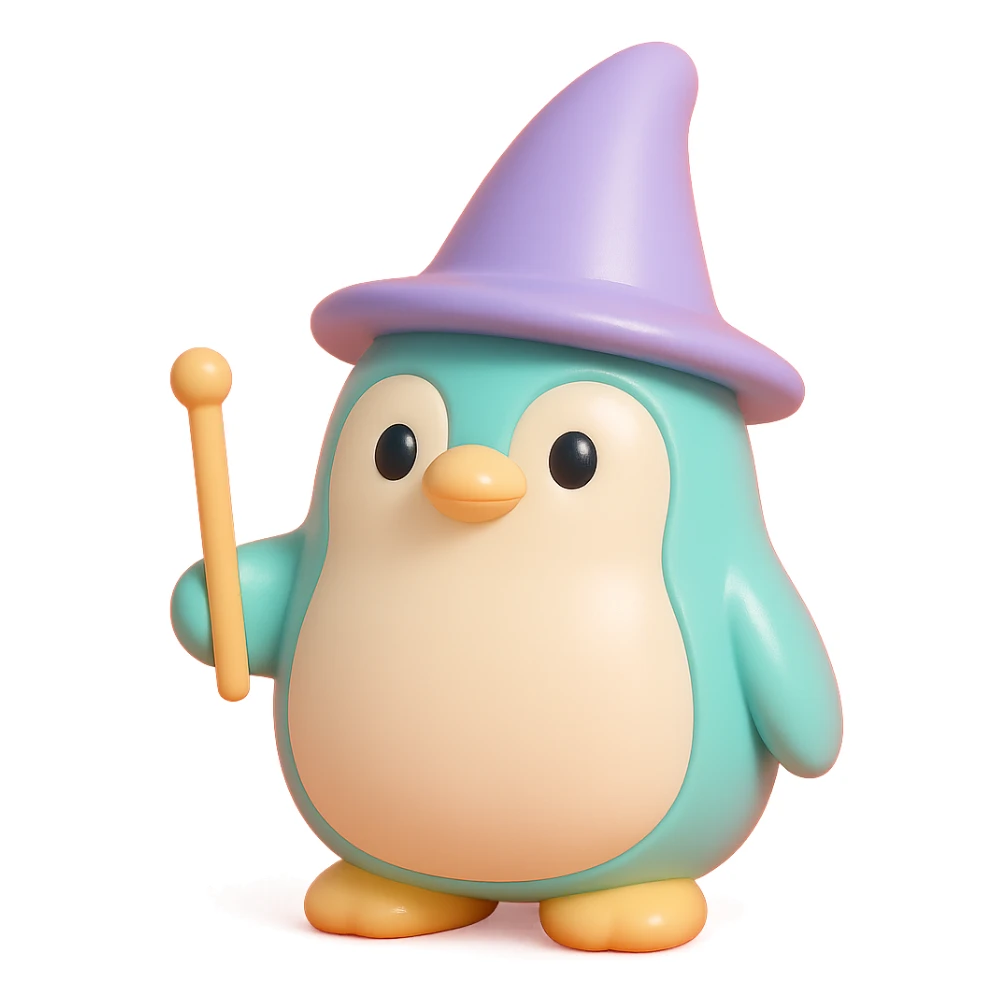 A penguin wizard with a tall pointed wizard hat, holding a magic wand. The penguin has a round plush body, friendly eyes, and a soft texture. sticker