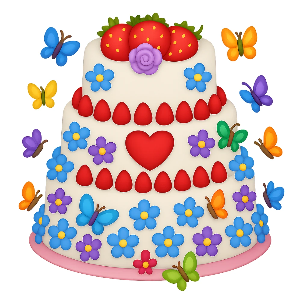 Add small colorful butterflies to the white wedding cake with strawberries, blue and purple flowers, heart topper. Style: emoji style. Remove background. sticker