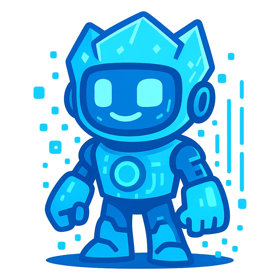 ice-themed AI character, futuristic, glowing blue, digital elements, vibrant toon style sticker