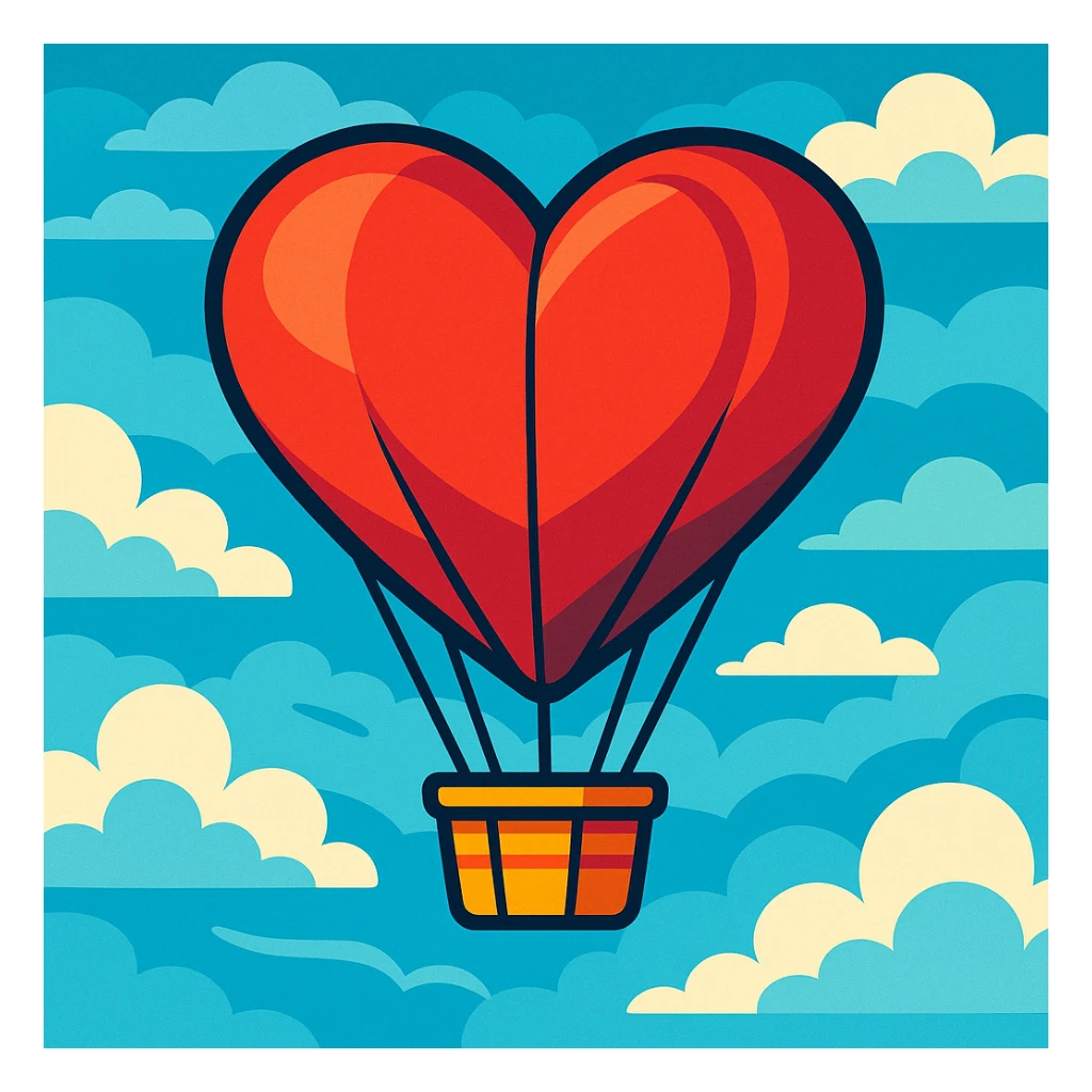 heart-shaped hot air balloon floating in the sky, vibrant toon style sticker