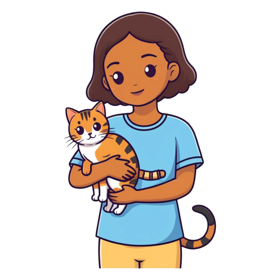 Brown girl holding tabby cat sticker