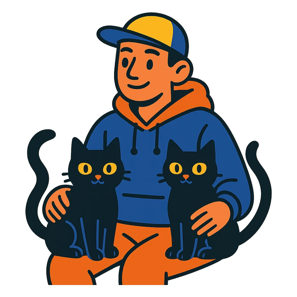 guy with a cap and hoodie, two black cats on his lap sticker