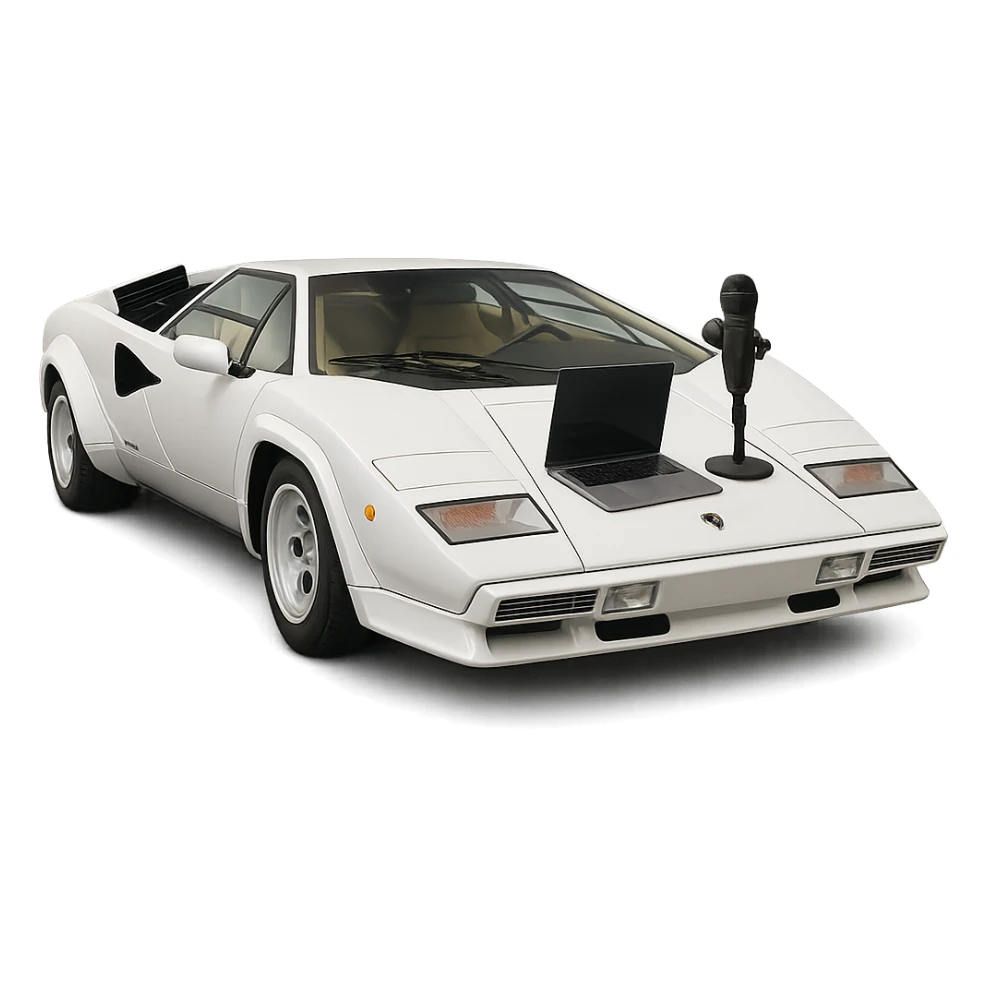 Lamborghini Countach with a laptop and recording microphone on the hood sticker