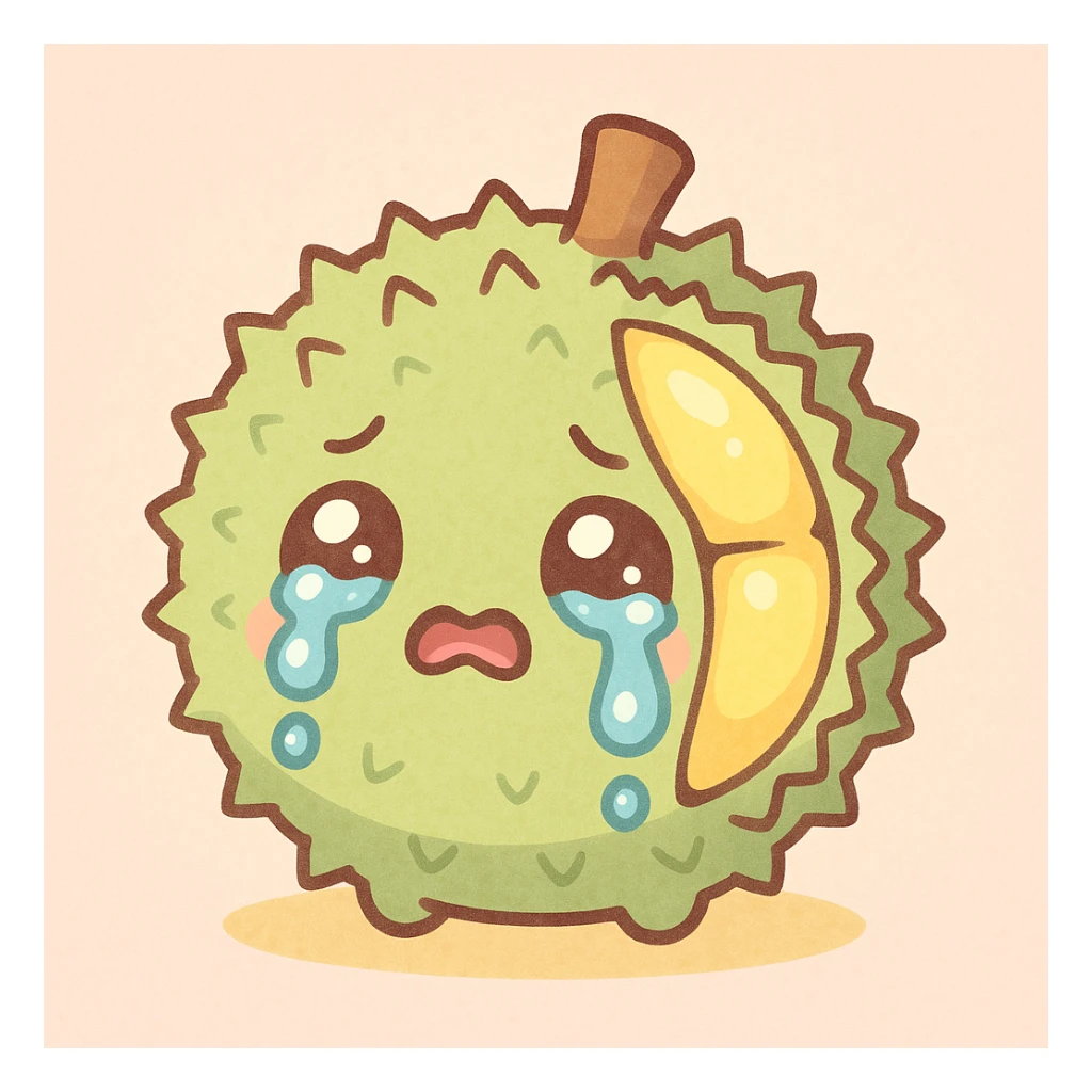 adorable chibi durian, round shape, green spiky shell, yellow flesh, crying with big tears, pastel colors sticker