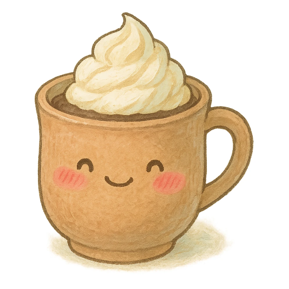 a cup of cocoa with whipped cream, Japanese soft pastel hand-drawn style, full object, transparent background, with blushing cheeks sticker