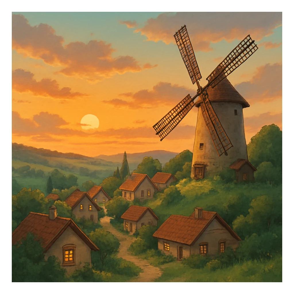 Windmill turning slowly in a quiet hill village at sunset. sticker