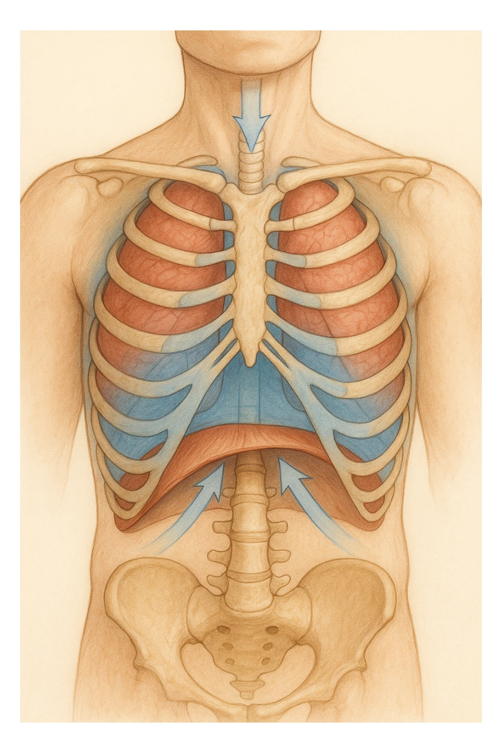 A realistic, high-quality anatomical illustration showing a human torso with visible rib cage and diaphragm. The ribs are shown in a decompressed, expanded state, allowing full lung expansion, while the diaphragm is depicted as relaxed and lowered, indicating deep, efficient breathing. Soft blue and warm tones highlight airflow and lung capacity, with light arrows illustrating the air movement during diaphragmatic breathing. The image conveys a sense of calm, openness, and optimal breathing mechanics, useful for physiotherapy, breathing education, and osteopathic learning contexts sticker