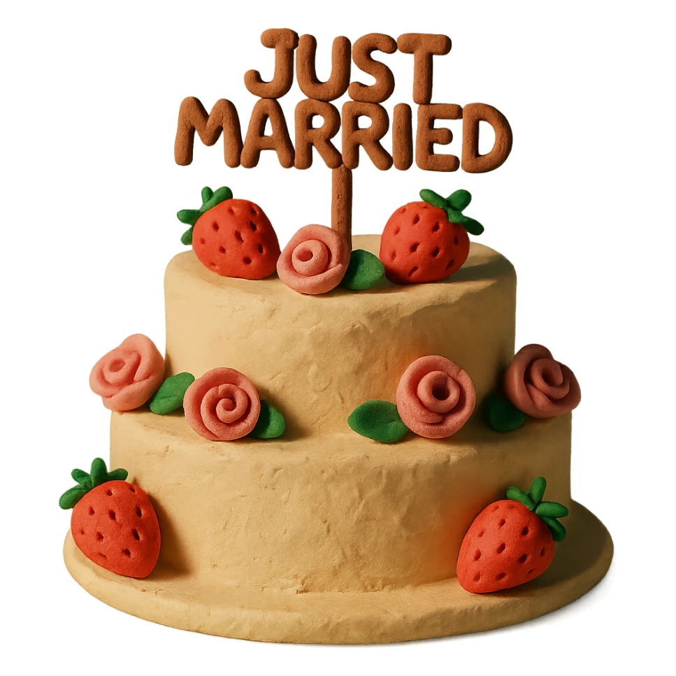 white wedding cake with strawberries, pink roses, 'Just Married' topper, claymation style sticker