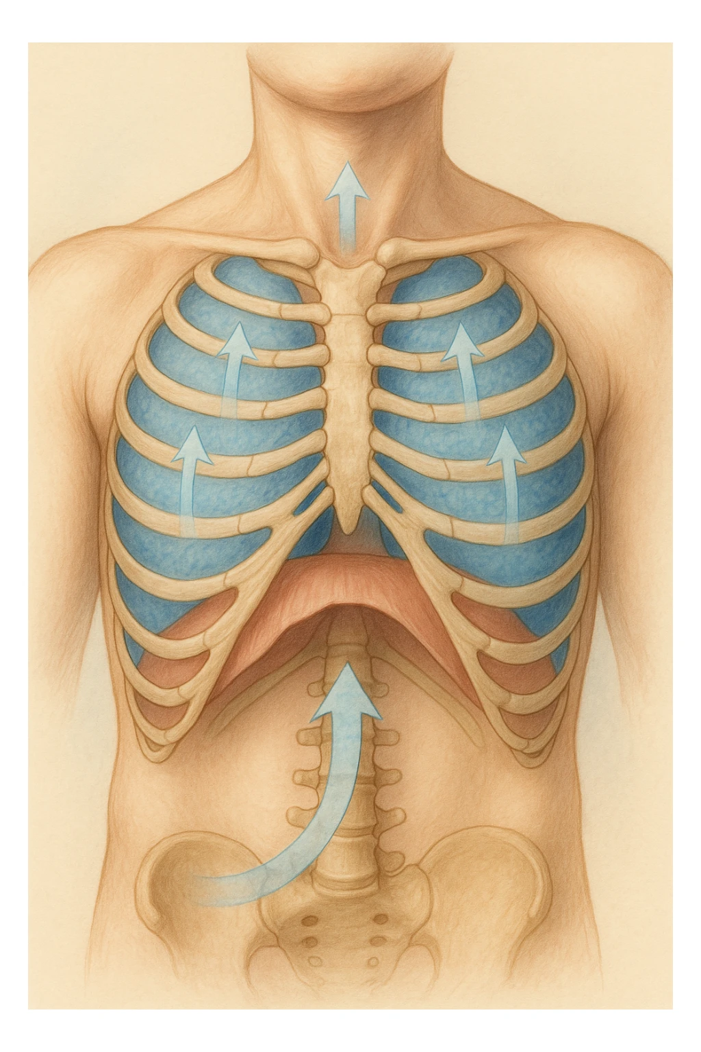 A realistic, high-quality anatomical illustration showing a human torso with visible rib cage and diaphragm. The ribs are shown in a decompressed, expanded state, allowing full lung expansion, while the diaphragm is depicted as relaxed and lowered, indicating deep, efficient breathing. Soft blue and warm tones highlight airflow and lung capacity, with light arrows illustrating the air movement during diaphragmatic breathing. The image conveys a sense of calm, openness, and optimal breathing mechanics, useful for physiotherapy, breathing education, and osteopathic learning contexts realistica sticker