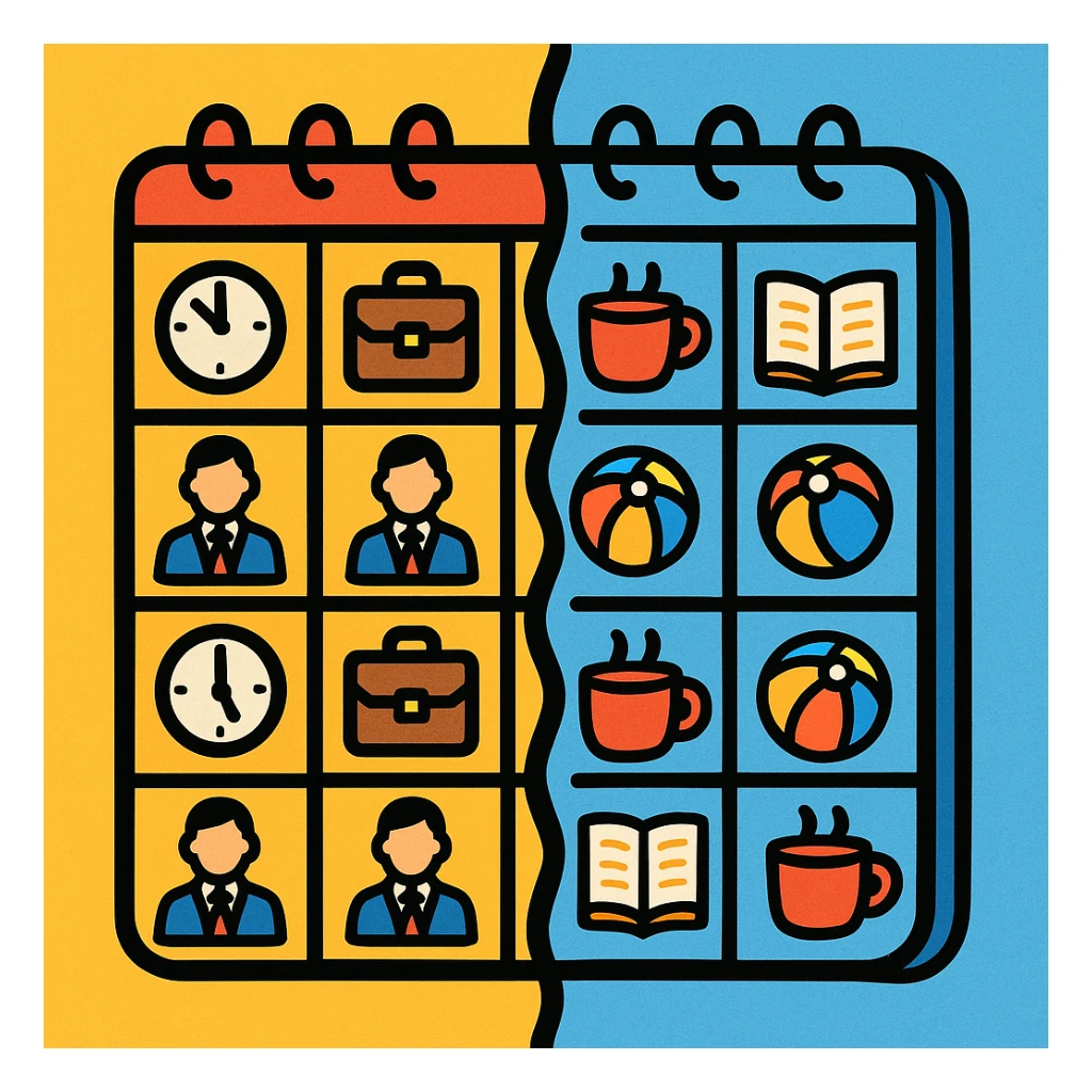 vibrant playful illustration style of a calendar split in half with one side showing meetings and the other side showing leisure activities sticker