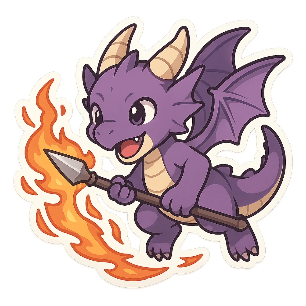 purple dragon in chibi anime style, wielding a spear engulfed in flames, action scene, playful sticker