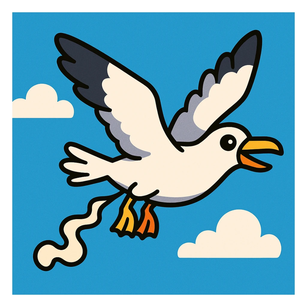 a seagull flying while pooping, bold outlines, bright cartoon colors, humorous sticker