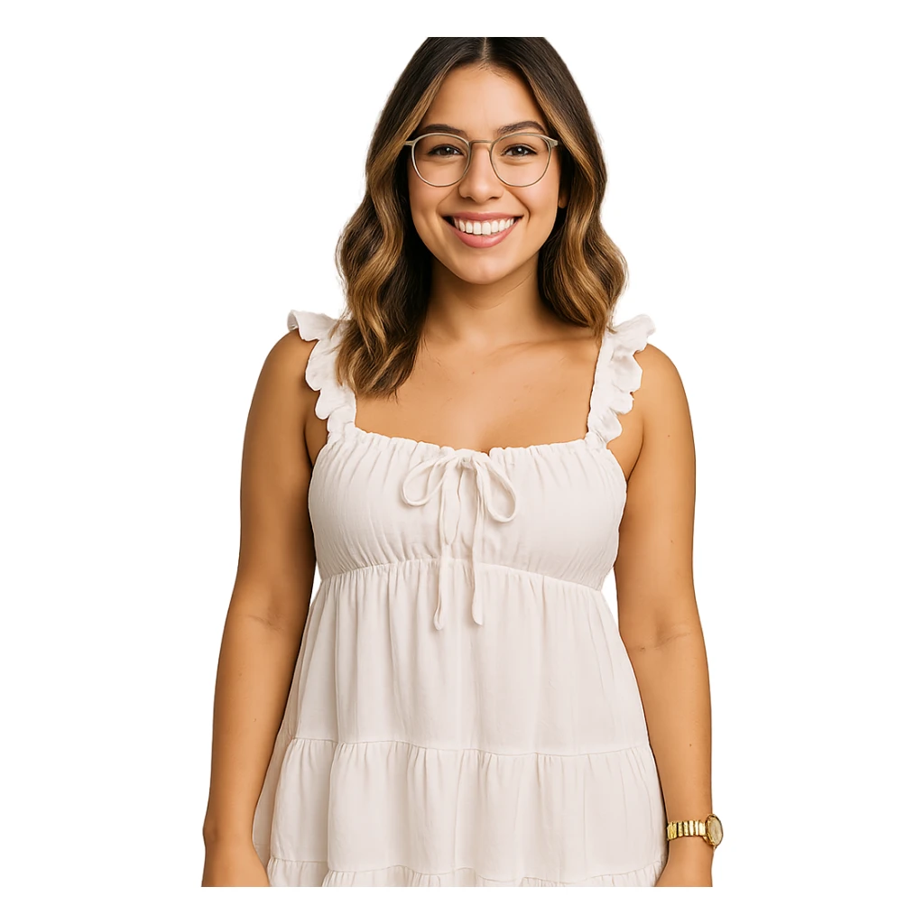 a smiling young woman with medium-length, highlighted, wavy hair, clear eyeglasses, light makeup, wearing a white, ruffled babydoll dress with tied accents and frilled straps, standing confidently with one arm relaxed, white nail polish, gold wristwatch, figure isolated on white, background removed sticker