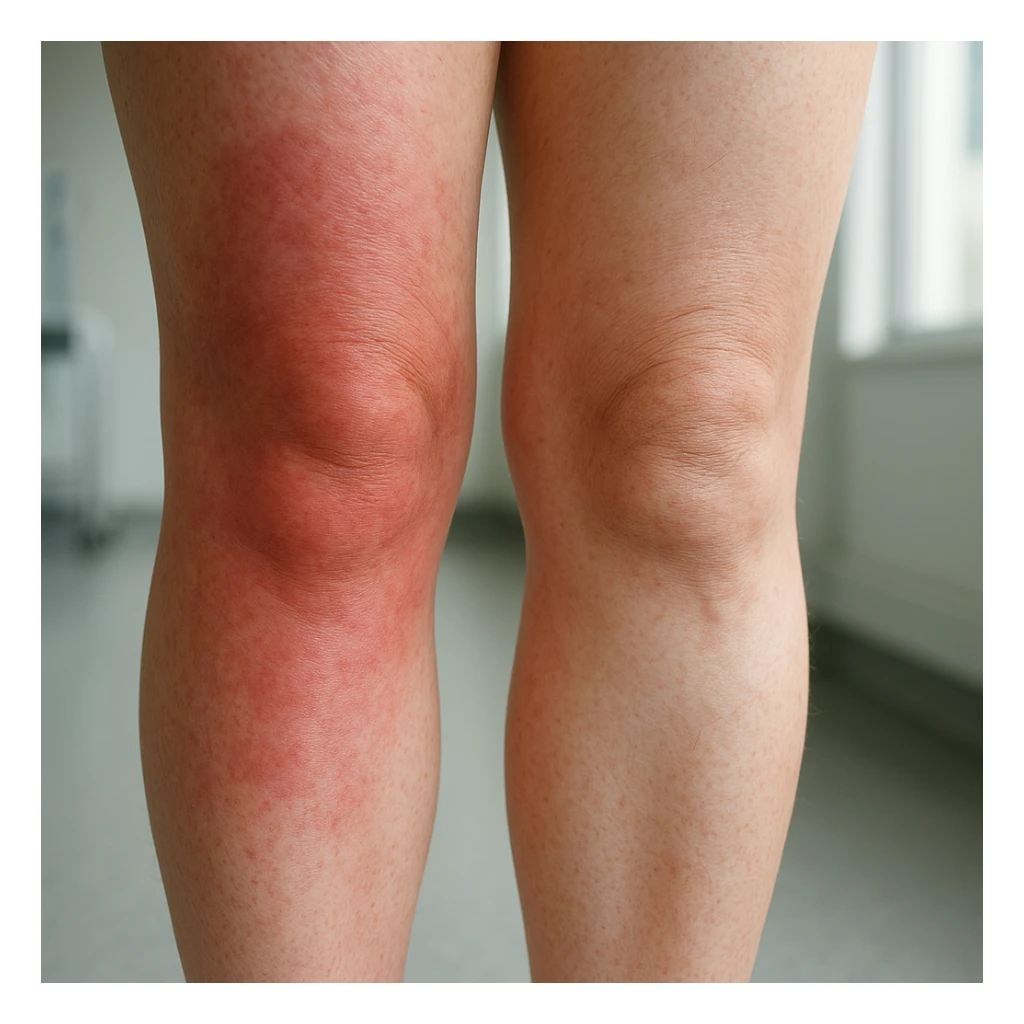 Hyperrealistic human legs in the phase of disinflamation, skin with redness and swelling decreasing, areas gradually transitioning from red to normal, clinical atmosphere, natural light, 4K details. Variant 9, focus on skin detail. sticker