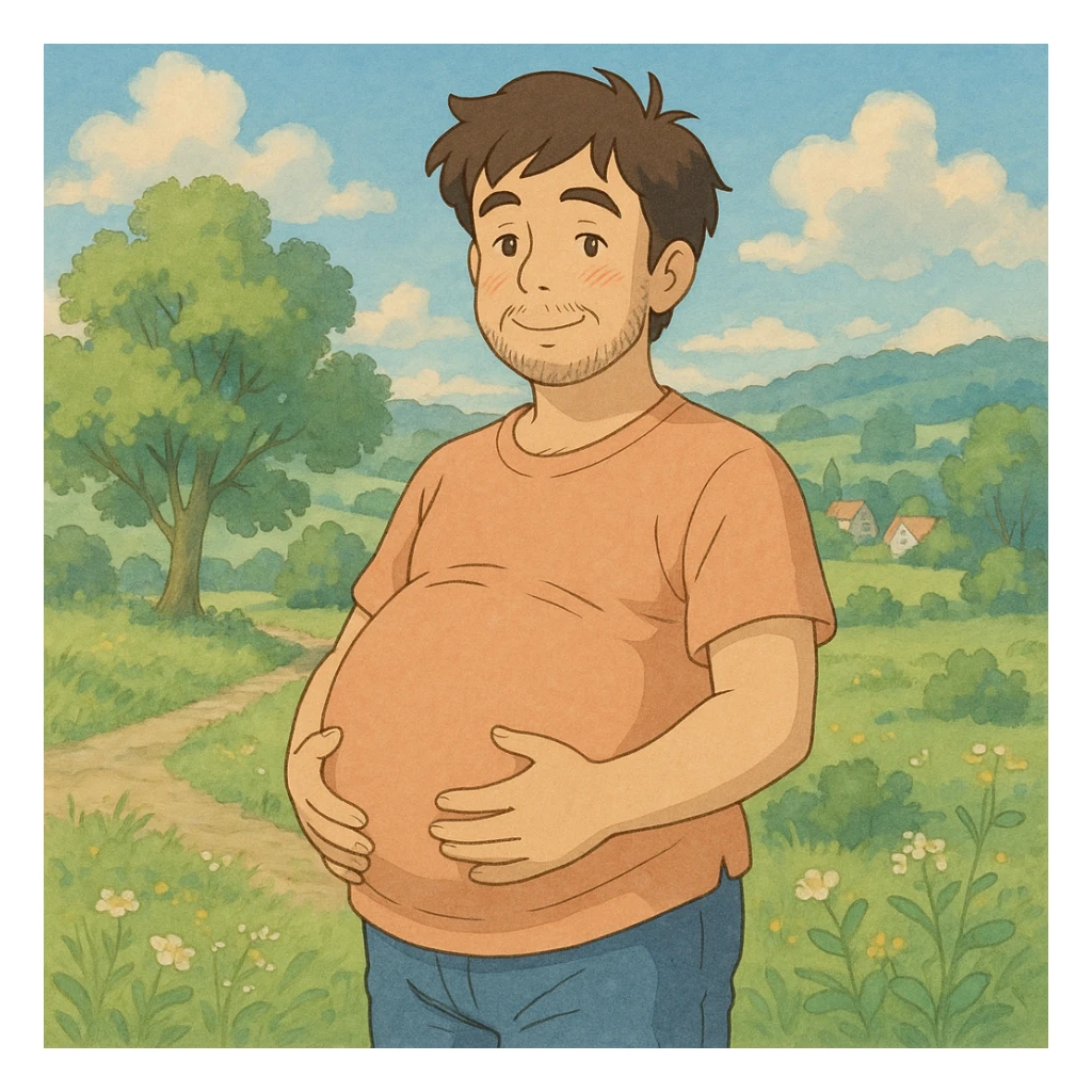 pregnant man, ghibli style, detailed, soft colors, whimsical sticker