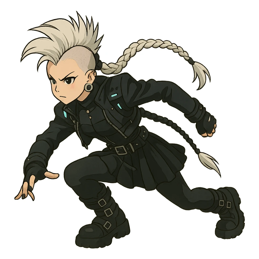 1 female, cyberpunk, mohawk white hair, 1 long braid, cybergoth, gothic style, action pose, style of anime sticker