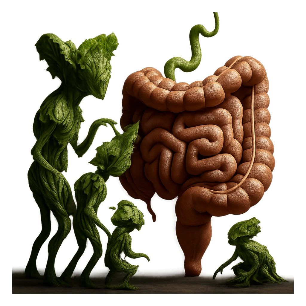 Ultra-realistic 4K illustration: stylized lettuce leaves depicted as plant-like creatures interacting with a human anatomical model of the intestine. The scene is surreal and scientific, with organic textures, refined biological details, dramatic lighting, and a bio-fantasy photorealistic style sticker