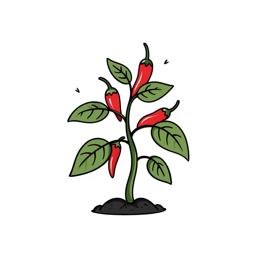 Hand drawn pepper plant with green leaves and red chili peppers sticker
