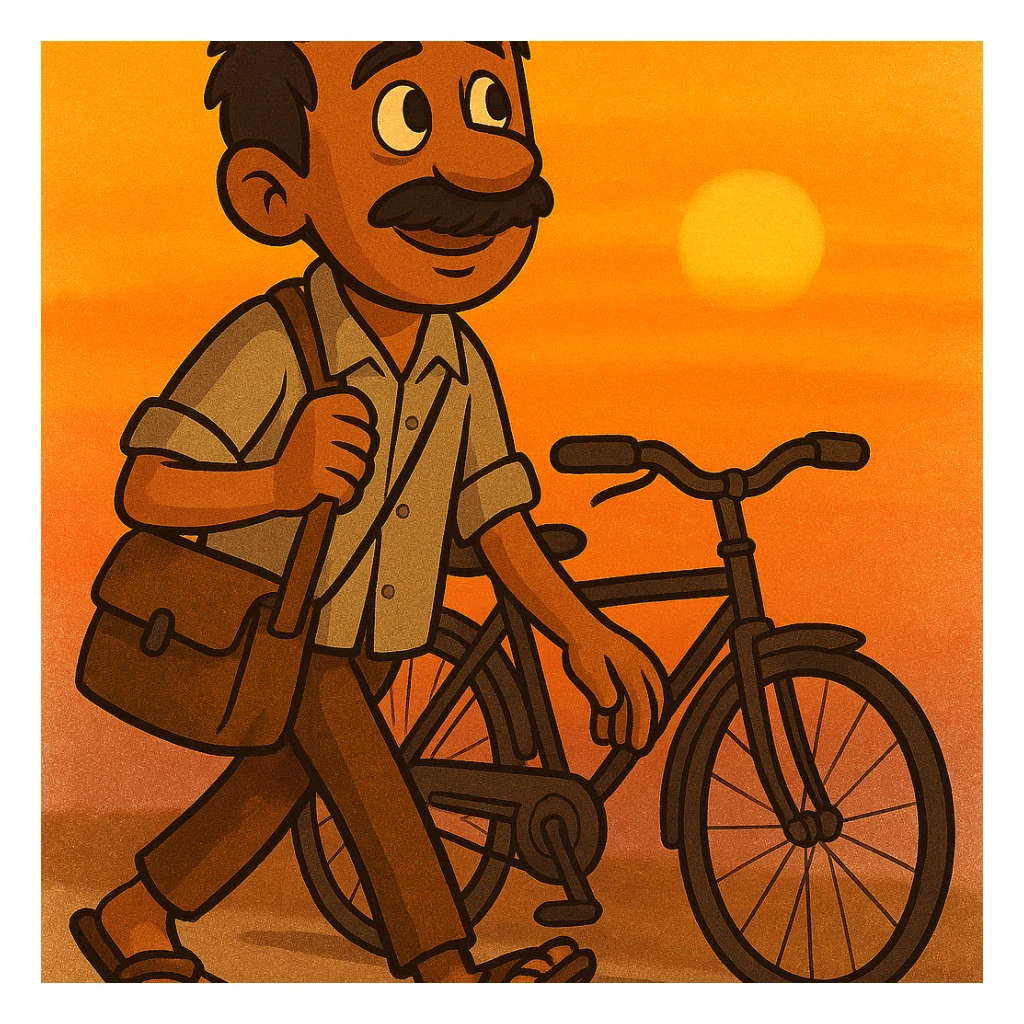 Add a simple cartoon bicycle for the poor Indian father with mustache, as he walks to work at dawn, keeping the stylized cartoon look and hopeful expression. sticker