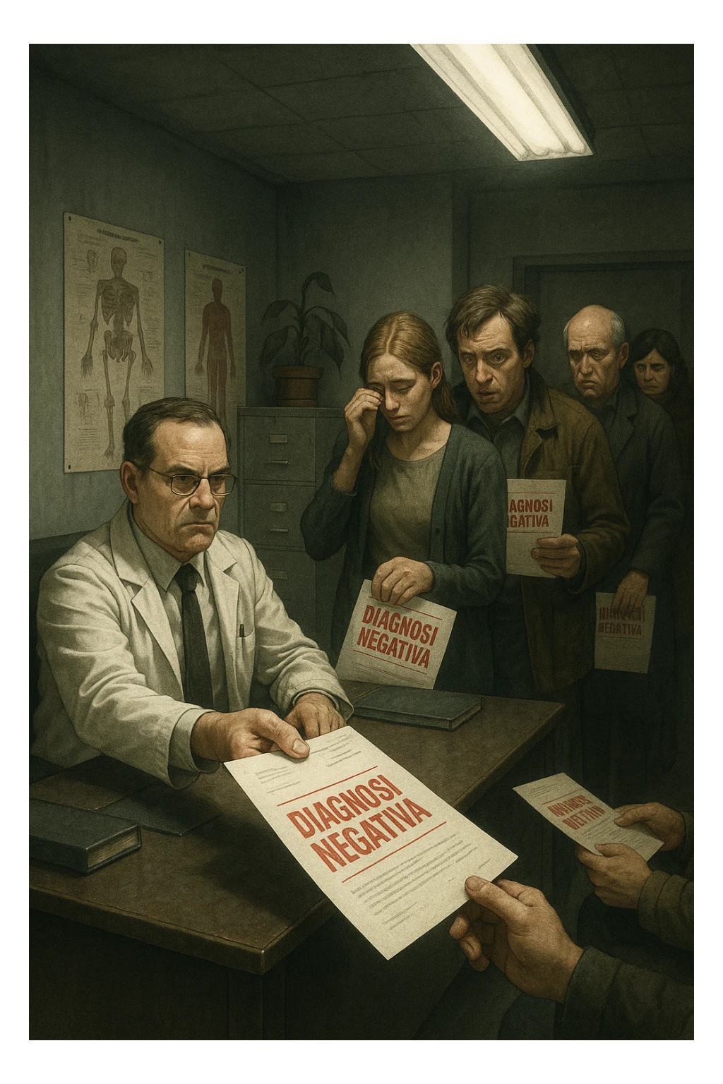 A realistic, cinematic illustration set in a dull, grey-toned medical office. A middle-aged male doctor in a white coat with a stern, cold expression is seated at his desk, handing out medical reports with large red ‘Negative Diagnosis’ stamps to each patient in line. The patients, of various ages and appearances, stand in a line, each looking increasingly sad, defeated, and demoralized as they receive their papers, with slumped shoulders and empty gazes. One young woman wipes away a tear, while a man stares at the paper in shock. The background shows medical posters, a faded plant, and harsh fluorescent lighting, emphasizing the cold, mechanical environment. The mood is heavy, illustrating how negative diagnoses delivered without empatia can deeply affect the mental health and morale of patients. The style is realistic, with subtle filmic grain, emphasizing emotional impact and the weight of medical words on people’s lives. in italiano sticker