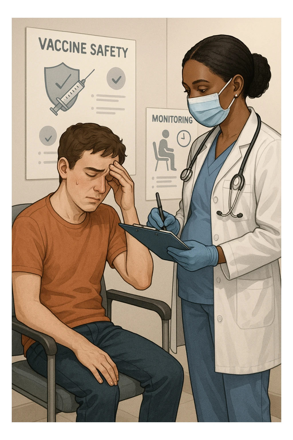 Vertical, educational medical illustration: a healthcare professional observes a patient who appears unwell after receiving a vaccine. The patient sits in a clinic chair, showing mild symptoms such as fatigue or headache, while the professional takes notes and offers reassurance. The background includes educational posters about vaccine safety and monitoring. realistica sticker