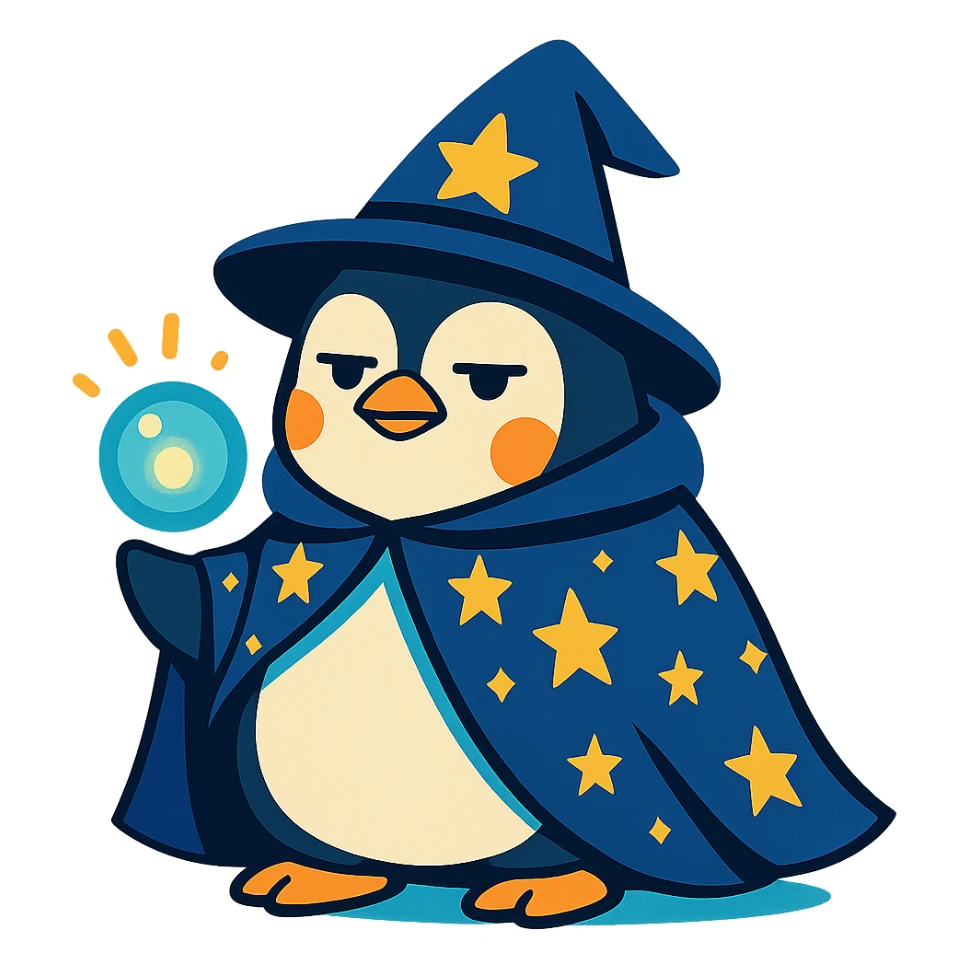 chubby penguin in wizard attire, with a starry cloak and a glowing orb, looking wise and mystical sticker