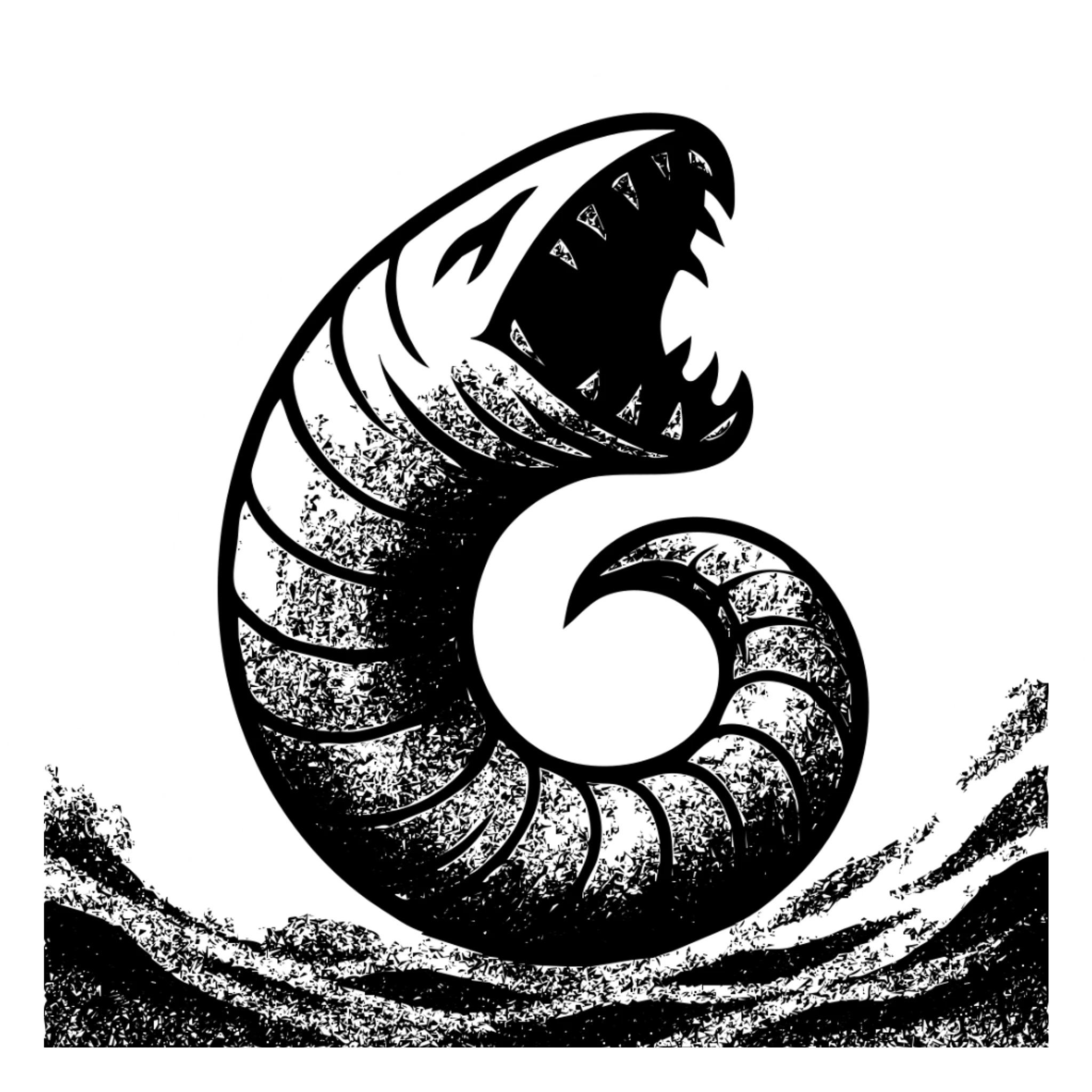 minimalist stylised sandworm inspired by Dune, curling upward like a spiral tooth, textured sandy brown with dark shadows, maw open, set against swirling desert dust, sharp lines, dramatic contrast sticker