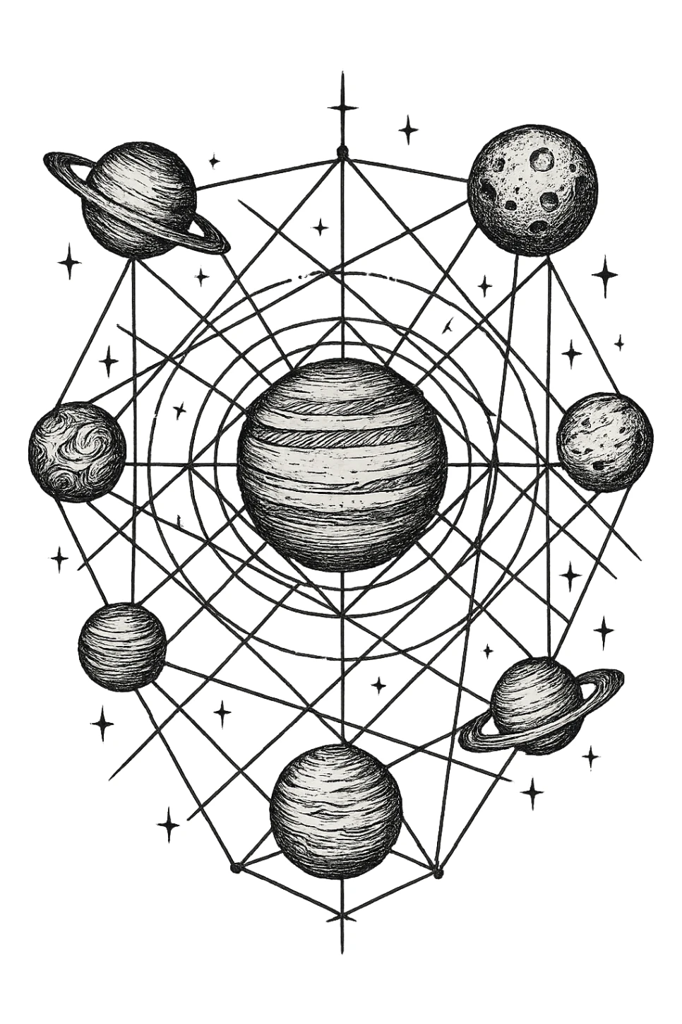 a design for an decorative black and white map, showing linework of galactic planets and a glalactic ley lines matrix map. black linework. proto-gothic "trashpolka" sticker