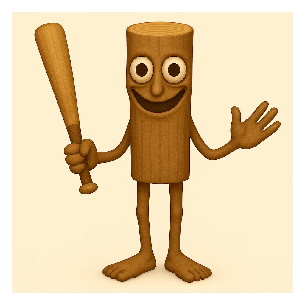 Make the stump character much skinnier and longer, with a face that is even creepier—large, wide, staring eyes and an exaggerated unsettling smile, closely matching the new reference image. Keep arms and legs, holding a baseball bat. Render in emoji style. sticker