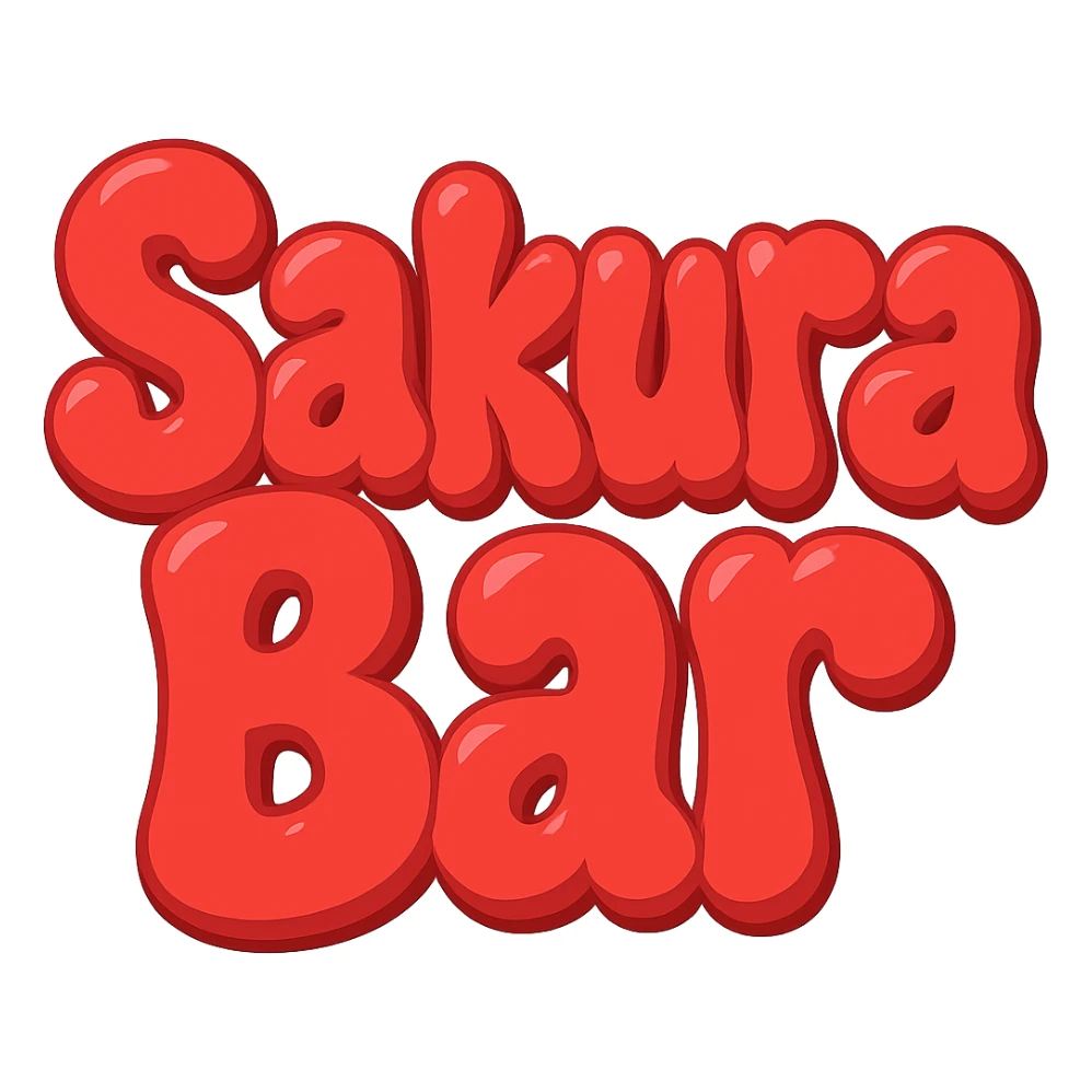 Change the text to 'Sakura Bar' in the same extra puffy, red bubble letter style, whimsical and lighthearted, with a transparent background. Maintain the extra puffy, red bubble letter style that is whimsical and lighthearted. sticker